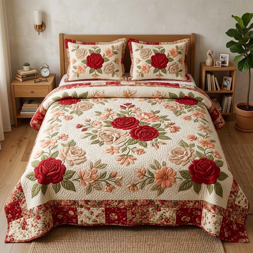 Rose Vintage quilted 3-piece bedding set on a made bed in a farmhouse bedroom