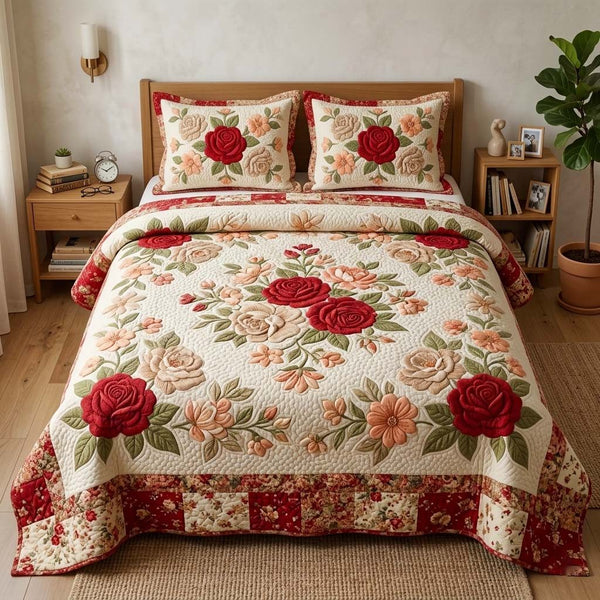 Rose Vintage quilted 3-piece bedding set on a made bed in a farmhouse bedroom