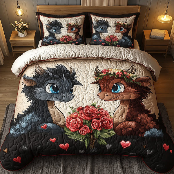 Rosebound Dragon Pair quilted 3-piece bedding set on a made bed with two matching pillow shams