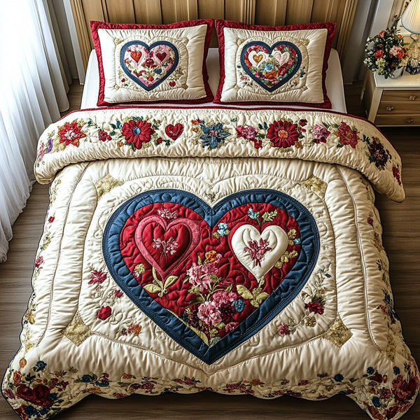 Rosebound quilted 3-piece bedding set on a made bed with two matching pillow shams