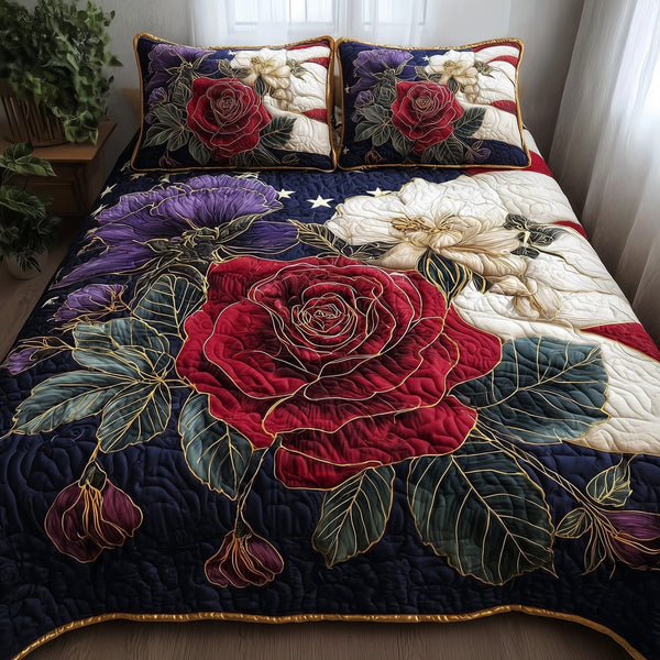 Roses quilted 3-piece bedding set on a made bed with two matching pillow shams
