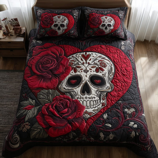 Roses Sugar Skull quilted 3-piece bedding set on a made bed against a dark styled interior