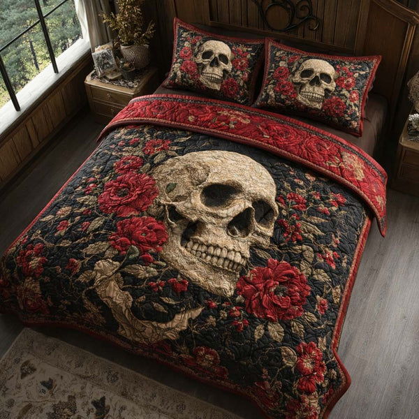 Rosethorn Skull quilted 3-piece bedding set on a made bed against a dark styled interior