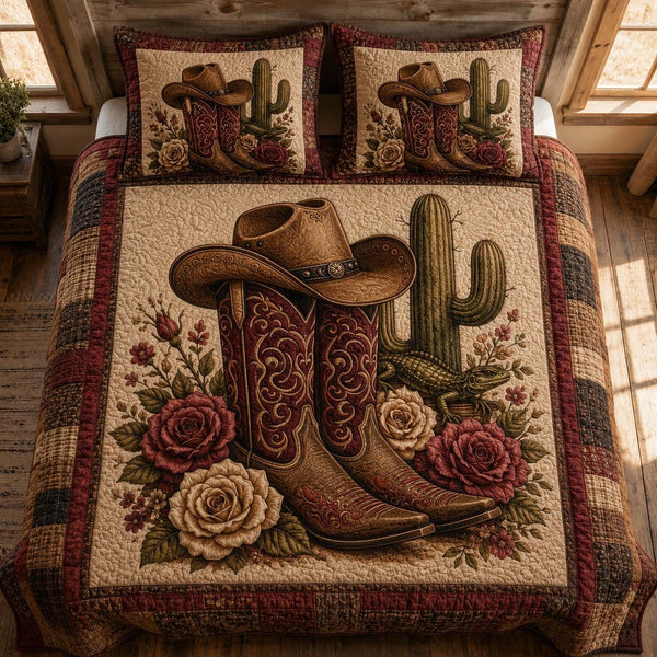 Rosewood Boots quilted 3-piece bedding set on a made bed in a rustic timber bedroom