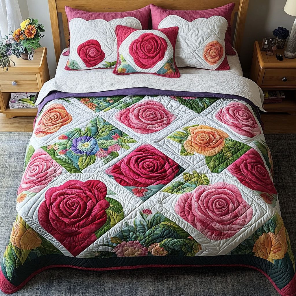 Rosewood Patch quilted 3-piece bedding set on a made bed with two matching pillow shams
