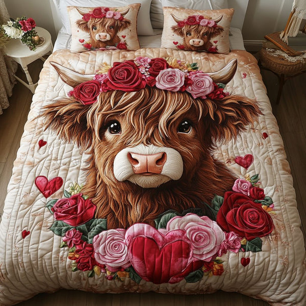 Rosie Glow quilted 3-piece bedding set on a made bed with two matching pillow shams