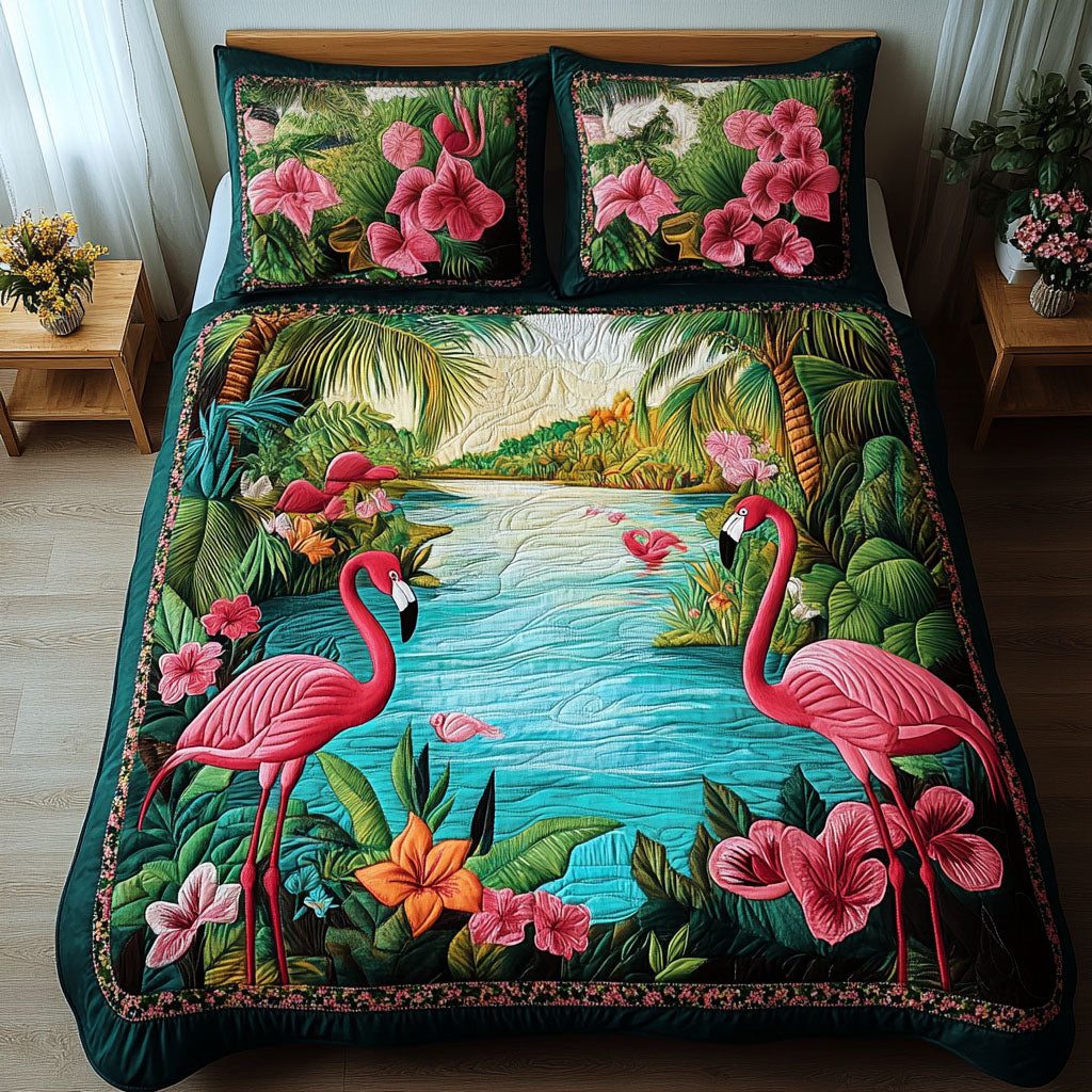 Rosy Glow quilted 3-piece bedding set on a made bed with two matching pillow shams