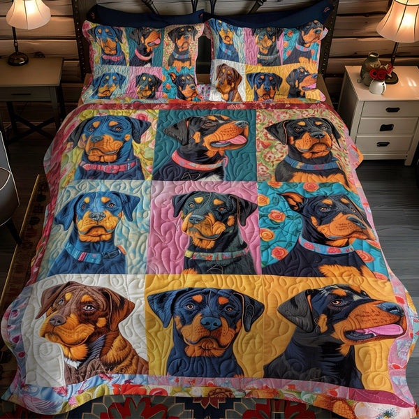 Rottweiler Floral Dream quilted 3-piece bedding set on a made bed with two matching pillow shams