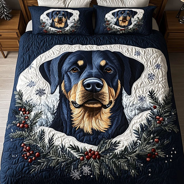 Rottweiler Frosty Furball quilted 3-piece bedding set on a made bed in a winter-styled bedroom