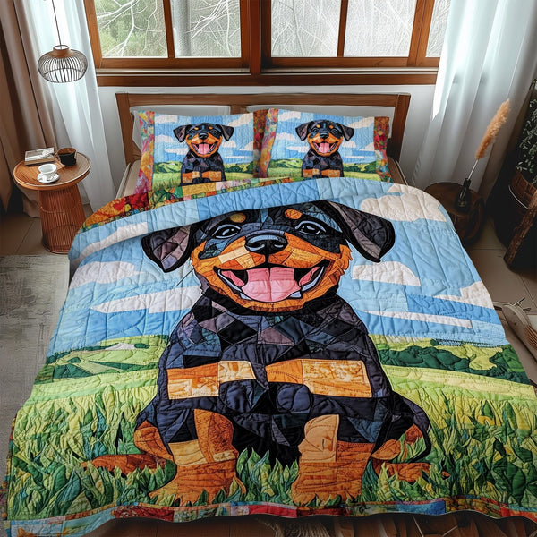 Rottweiler in the Garden quilted 3-piece bedding set on a made bed with two matching pillow shams