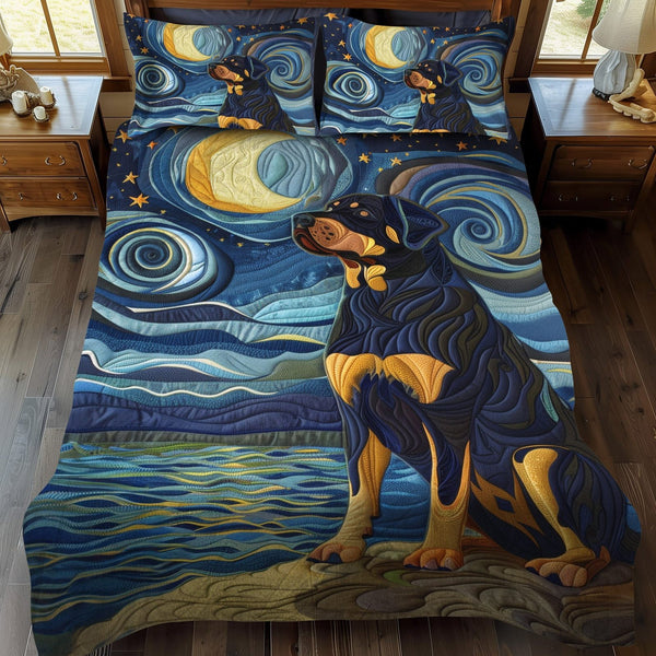 Rottweiler Night Dream quilted 3-piece bedding set on a made bed with two matching pillow shams