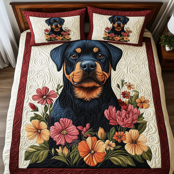 Rottweiler quilted 3-piece bedding set on a made bed with two matching pillow shams