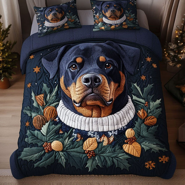 Rottweiler Warmhearted Woof quilted 3-piece bedding set on a made bed with two matching pillow shams