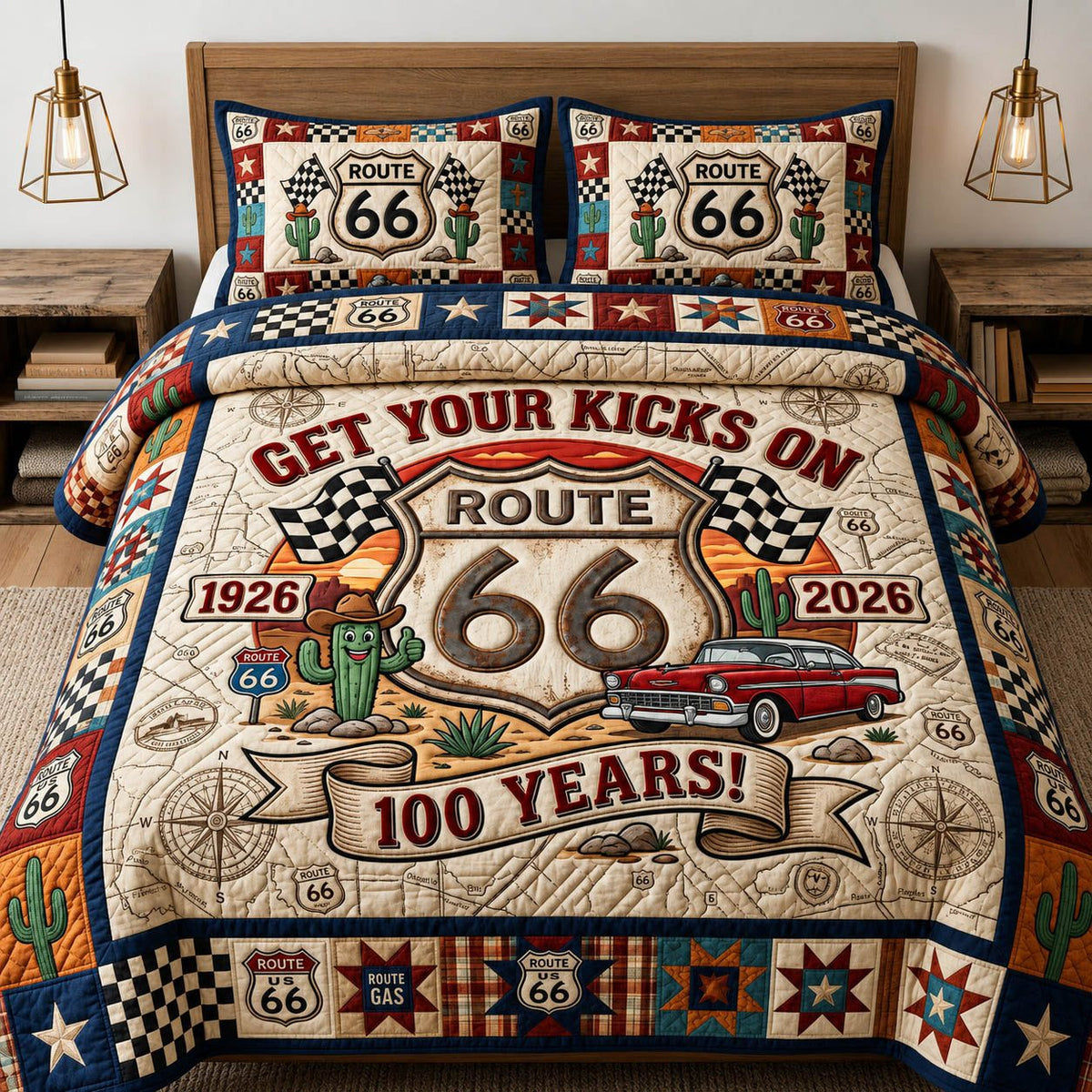 Route 66 100 Years quilted 3-piece bedding set on a made bed with two matching pillow shams