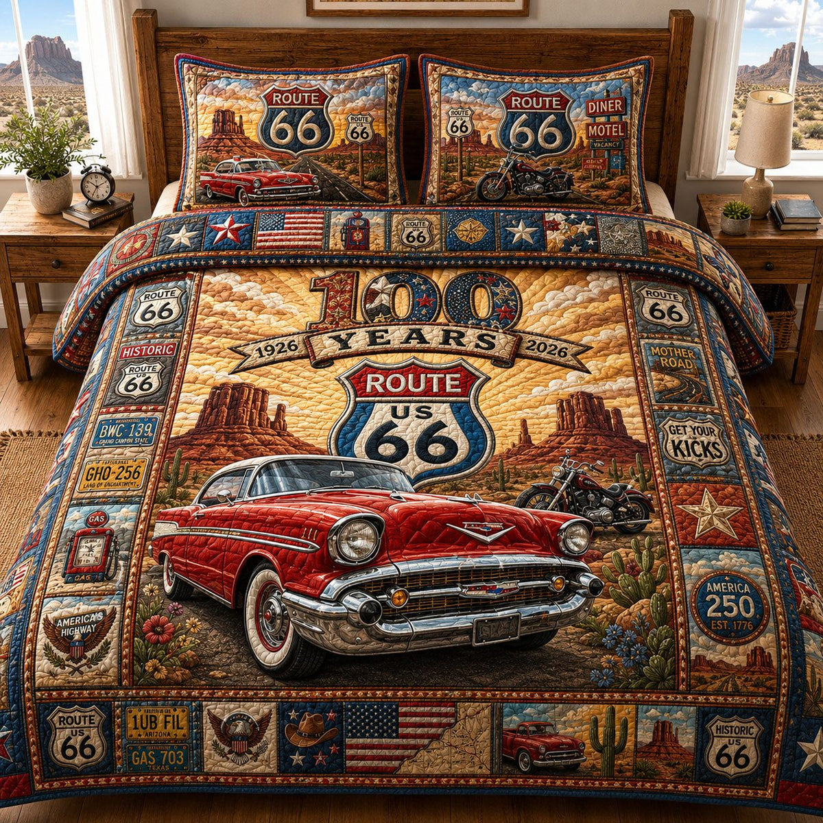 Route 66 100 Years quilted 3-piece bedding set on a made bed with two matching pillow shams