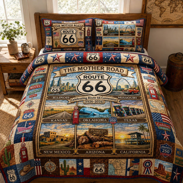 Route 66 100th Anniversary quilted 3-piece bedding set on a made bed with two matching pillow shams