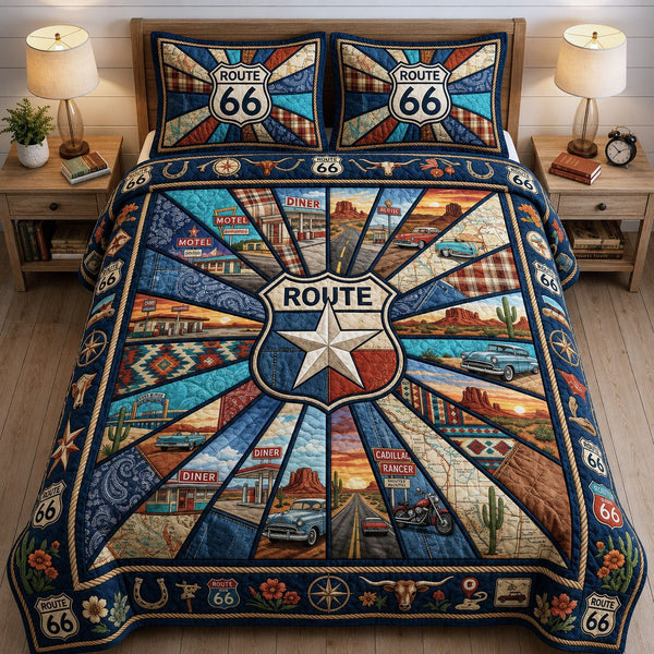 Route 66 Across America quilted 3-piece bedding set on a made bed in a warmly lit bedroom