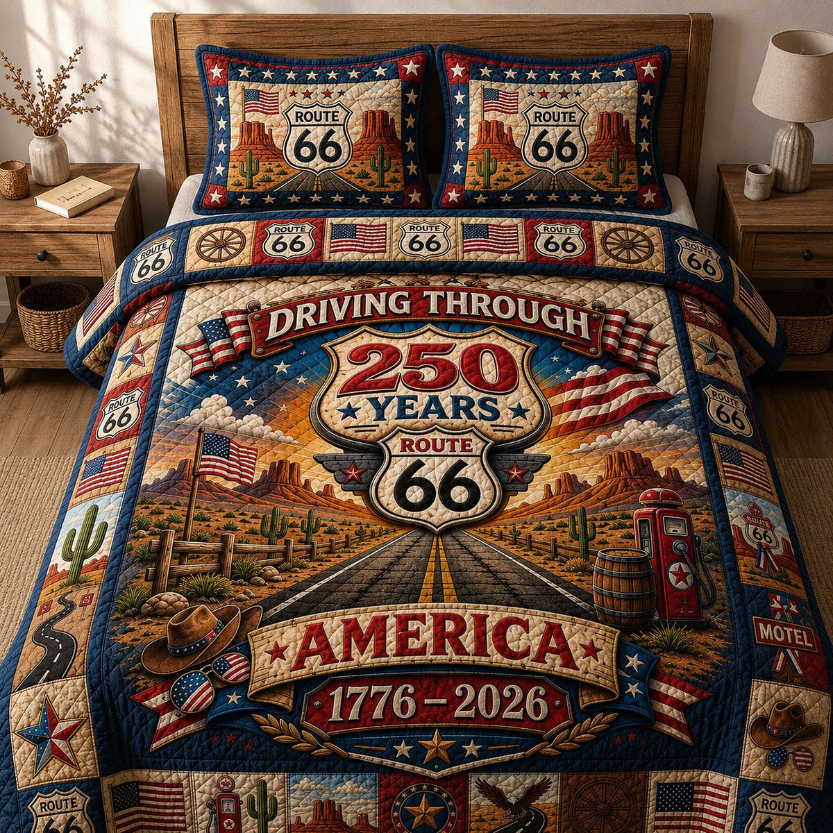 Route 66 America 250 quilted 3-piece bedding set on a made bed in a warmly lit bedroom