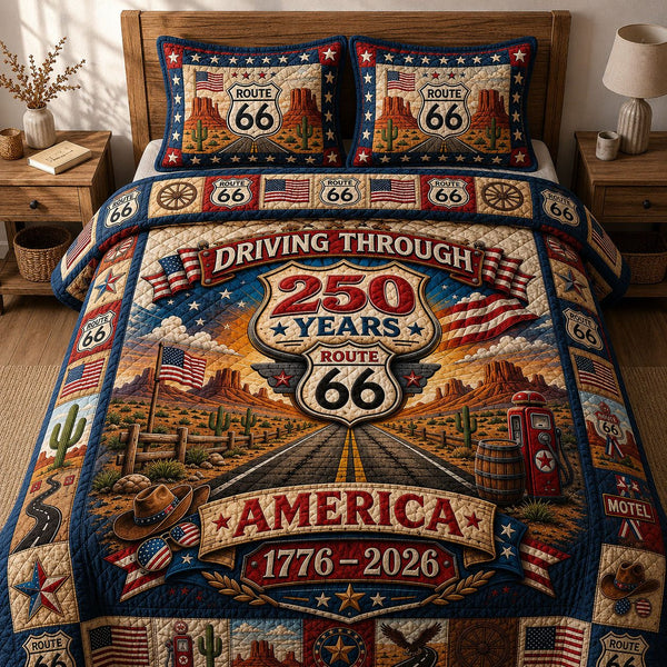 Route 66 America 250 quilted 3-piece bedding set on a made bed in a warmly lit bedroom