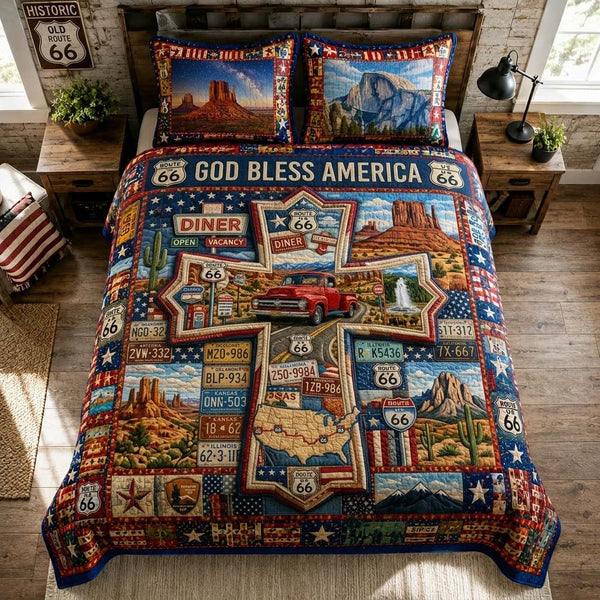 Route 66 Americana quilted 3-piece bedding set on a made bed in a warmly lit bedroom