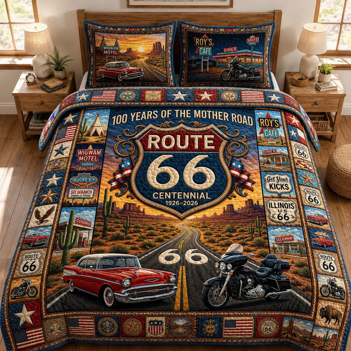 Route 66 Centennial 100 Years quilted 3-piece bedding set on a made bed with two matching pillow shams