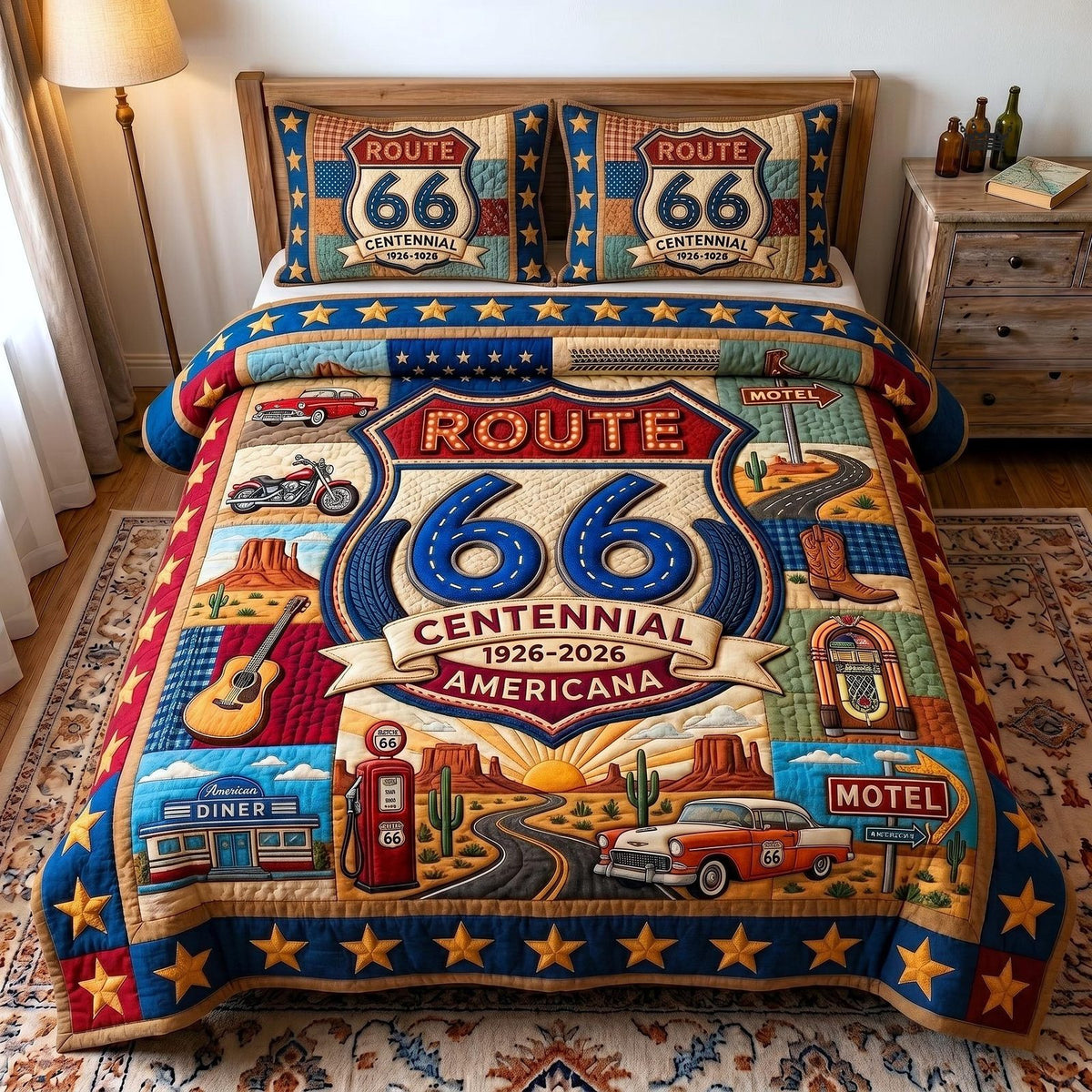 Route 66 Centennial quilted 3-piece bedding set on a made bed with two matching pillow shams