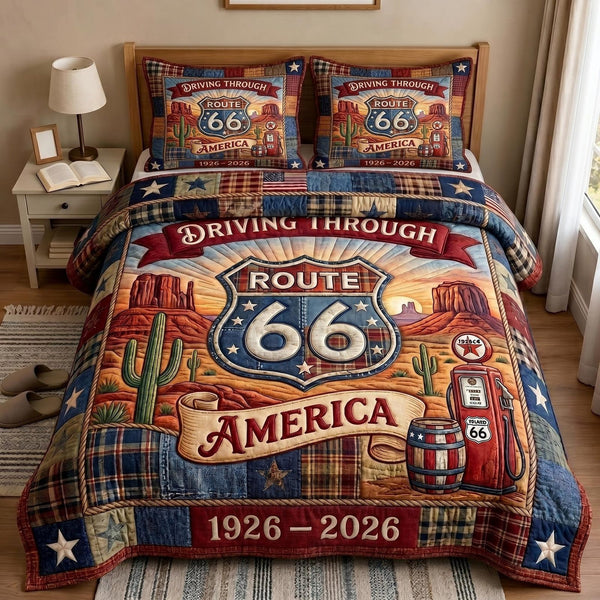 Route 66 Centennial quilted 3-piece bedding set on a made bed with two matching pillow shams