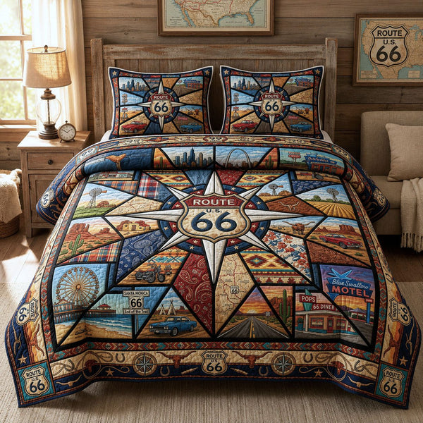 Route 66 Compass Star quilted 3-piece bedding set on a made bed with two matching pillow shams
