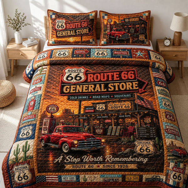Route 66 General Store quilted 3-piece bedding set on a made bed with two matching pillow shams