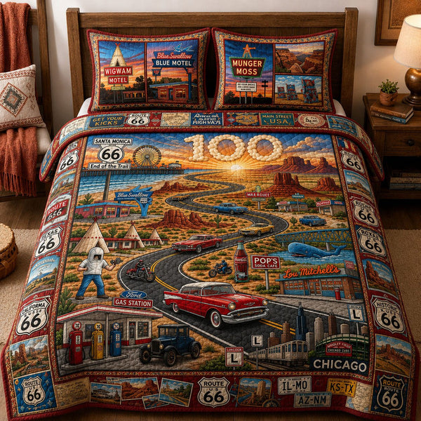 Route 66 Great Road Trip quilted 3-piece bedding set on a made bed with two matching pillow shams