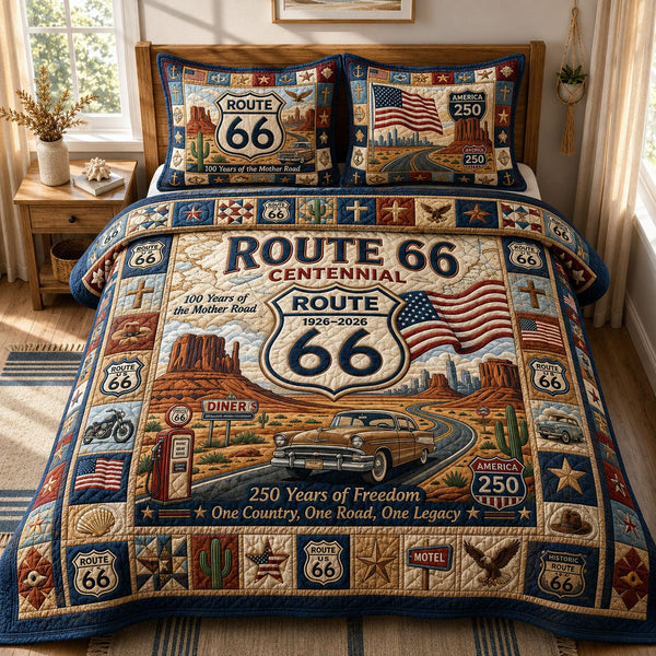 Route 66 Legacy quilted 3-piece bedding set on a made bed with two matching pillow shams