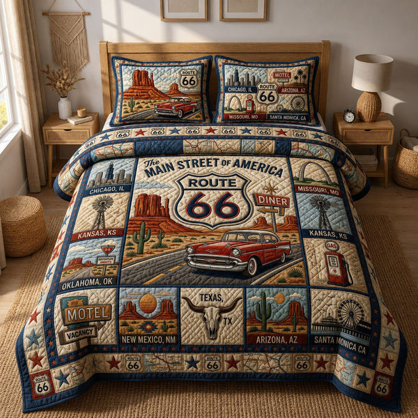 Route 66 Main Street quilted 3-piece bedding set on a made bed with two matching pillow shams