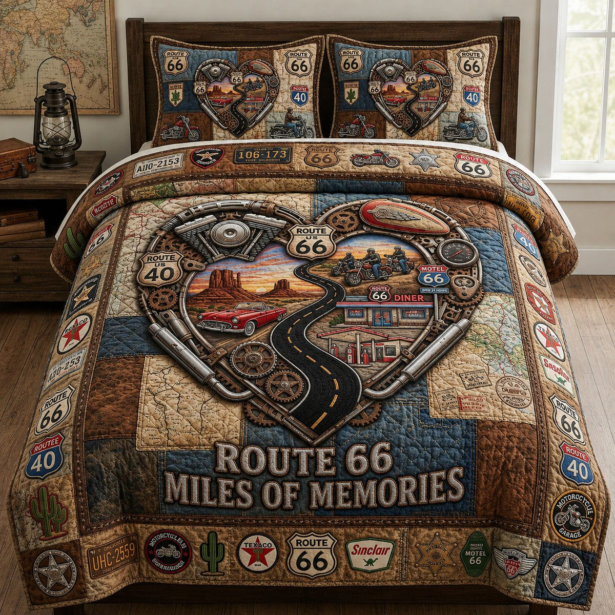 Route 66 Mechanical Heart quilted 3-piece bedding set on a made bed with two matching pillow shams