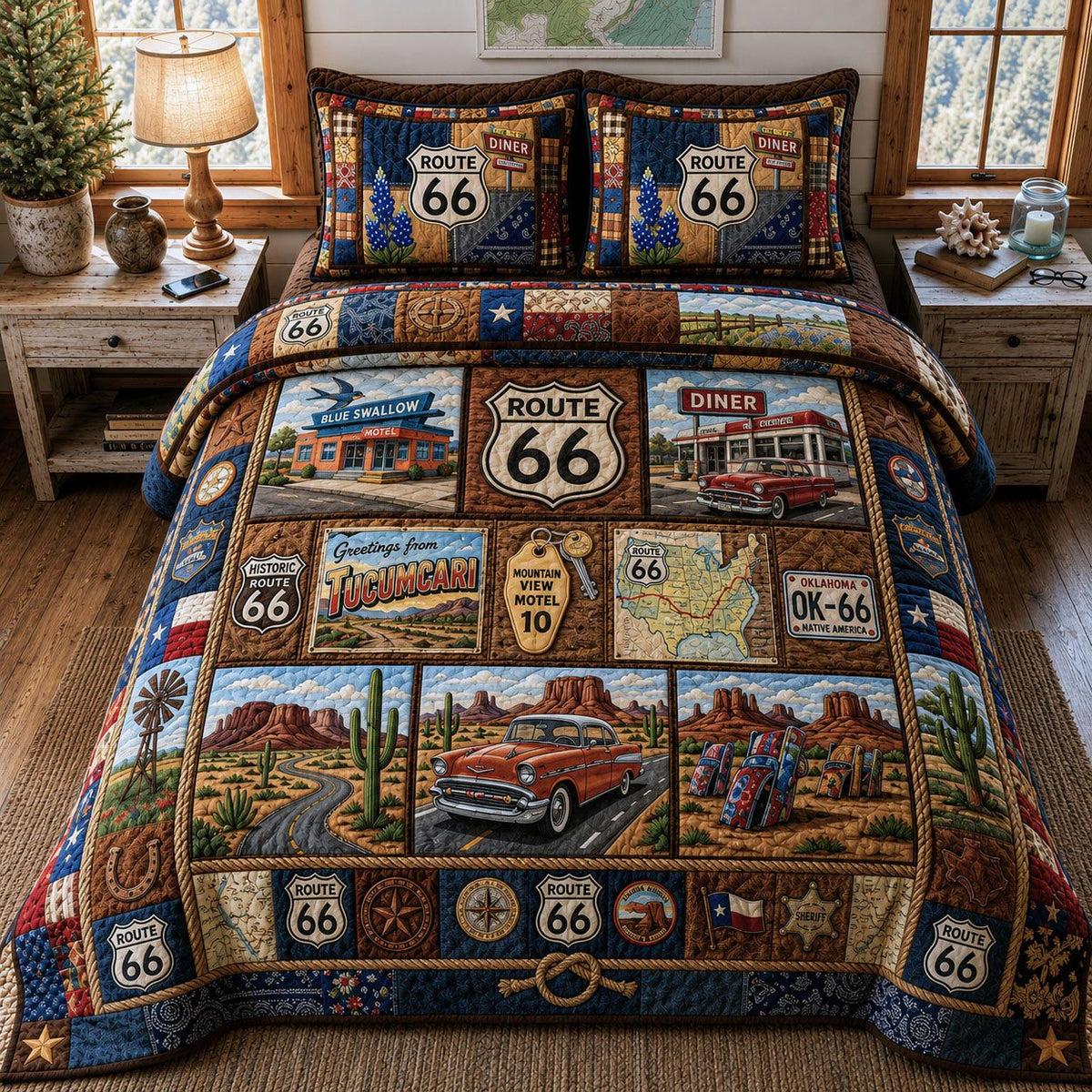 Route 66 Memory Board quilted 3-piece bedding set on a made bed with two matching pillow shams