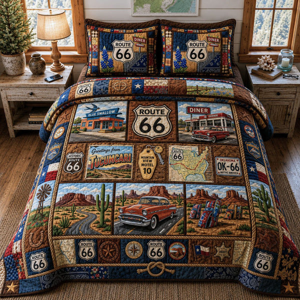 Route 66 Memory Board quilted 3-piece bedding set on a made bed with two matching pillow shams