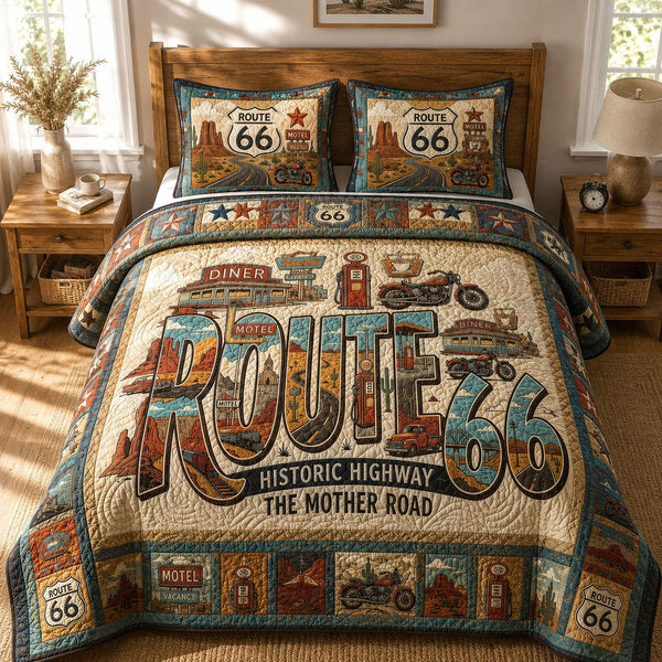 Route 66 Mother Road quilted 3-piece bedding set on a made bed with two matching pillow shams