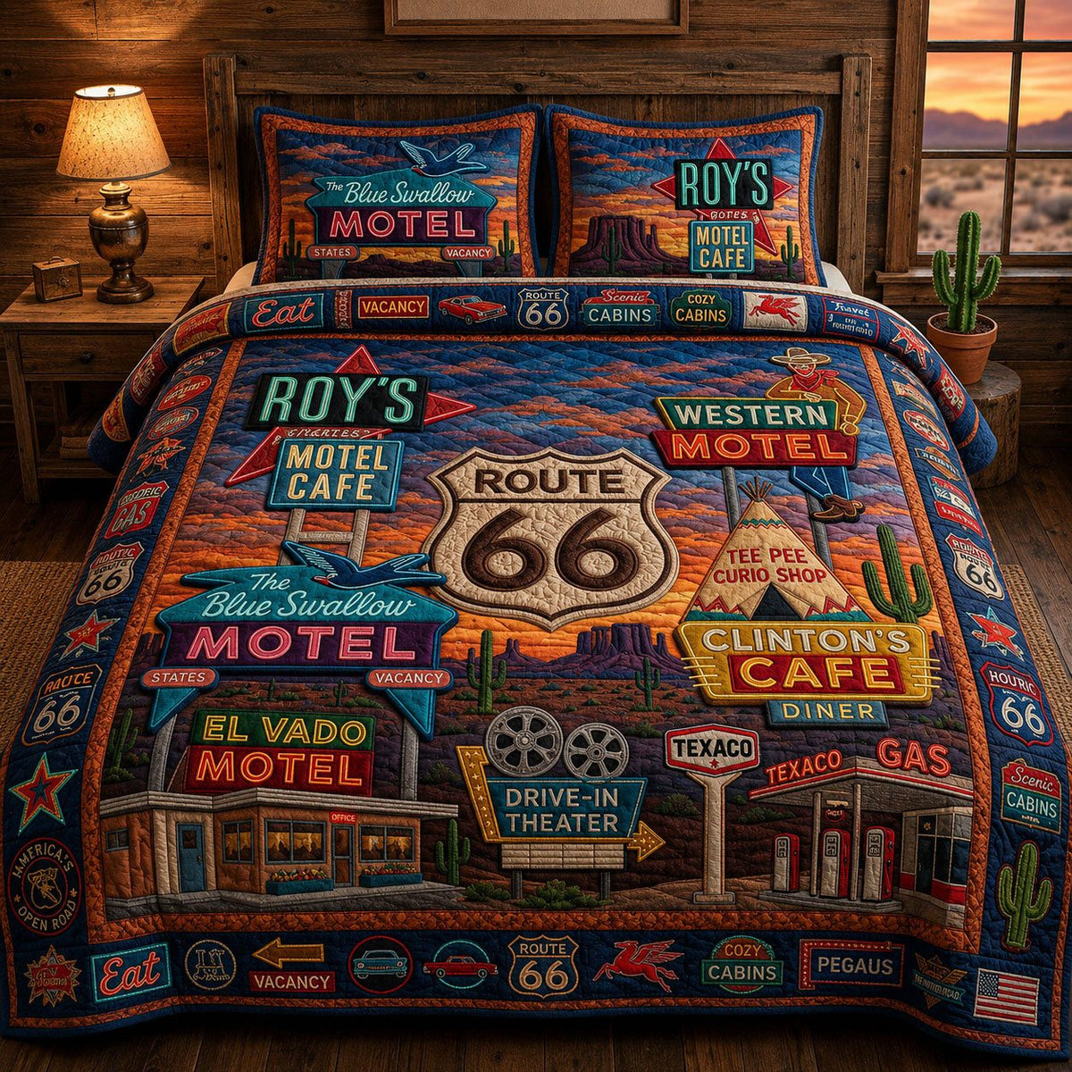 Route 66 Neon Motel District quilted 3-piece bedding set on a made bed with two matching pillow shams