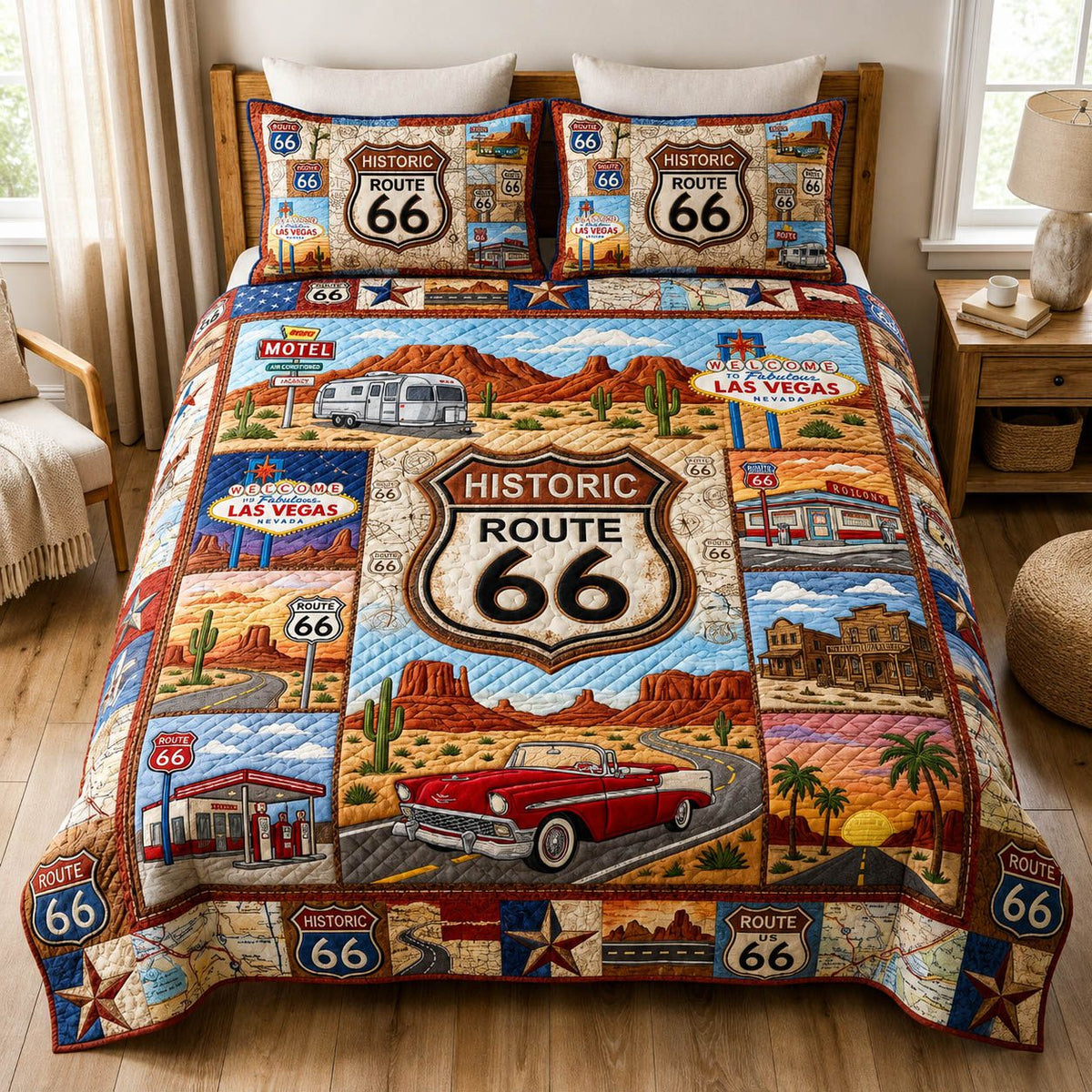 Route 66 quilted 3-piece bedding set on a made bed with two matching pillow shams