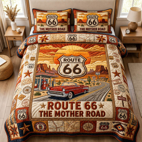 Route 66 quilted 3-piece bedding set on a made bed with two matching pillow shams