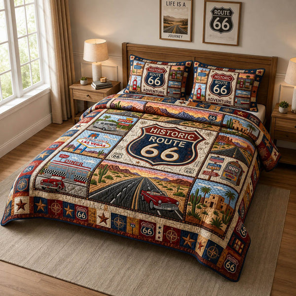 Route 66 quilted 3-piece bedding set on a made bed with two matching pillow shams