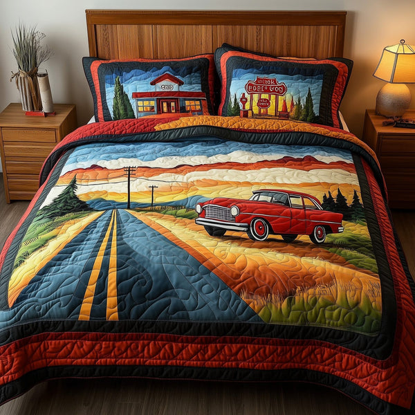 Route 66 quilted 3-piece bedding set on a made bed with two matching pillow shams