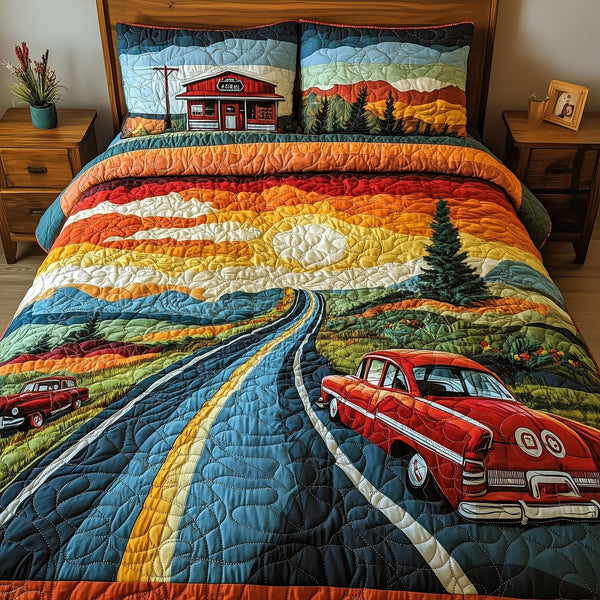 Route 66 quilted 3-piece bedding set on a made bed with two matching pillow shams