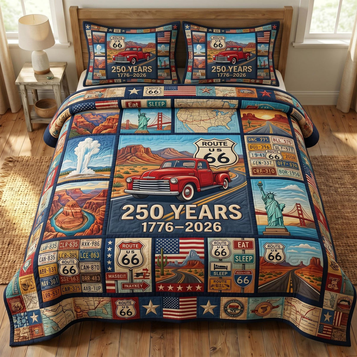 Route 66 quilted 3-piece bedding set on a made bed with two matching pillow shams