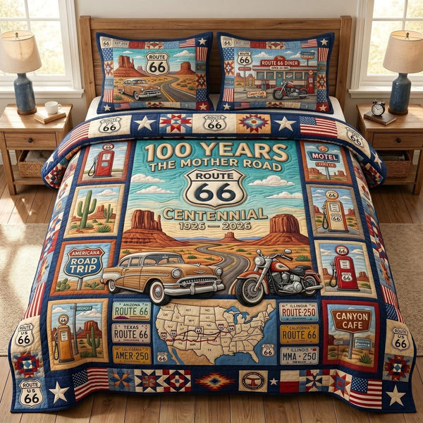 Route 66 quilted 3-piece bedding set on a made bed with two matching pillow shams