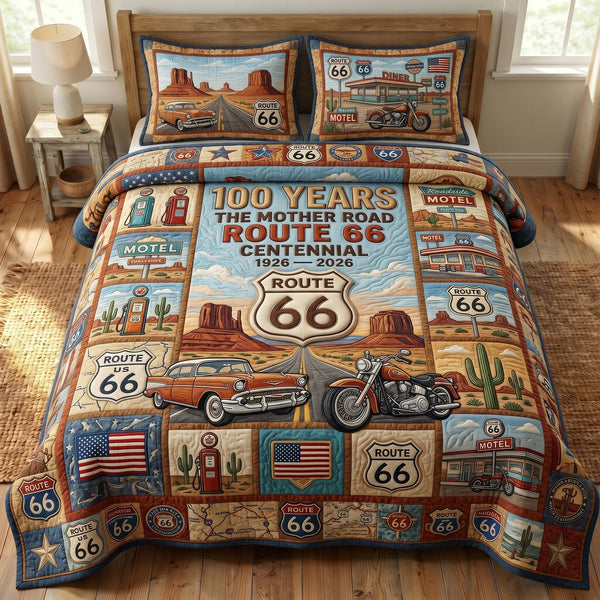 Route 66 quilted 3-piece bedding set on a made bed with two matching pillow shams