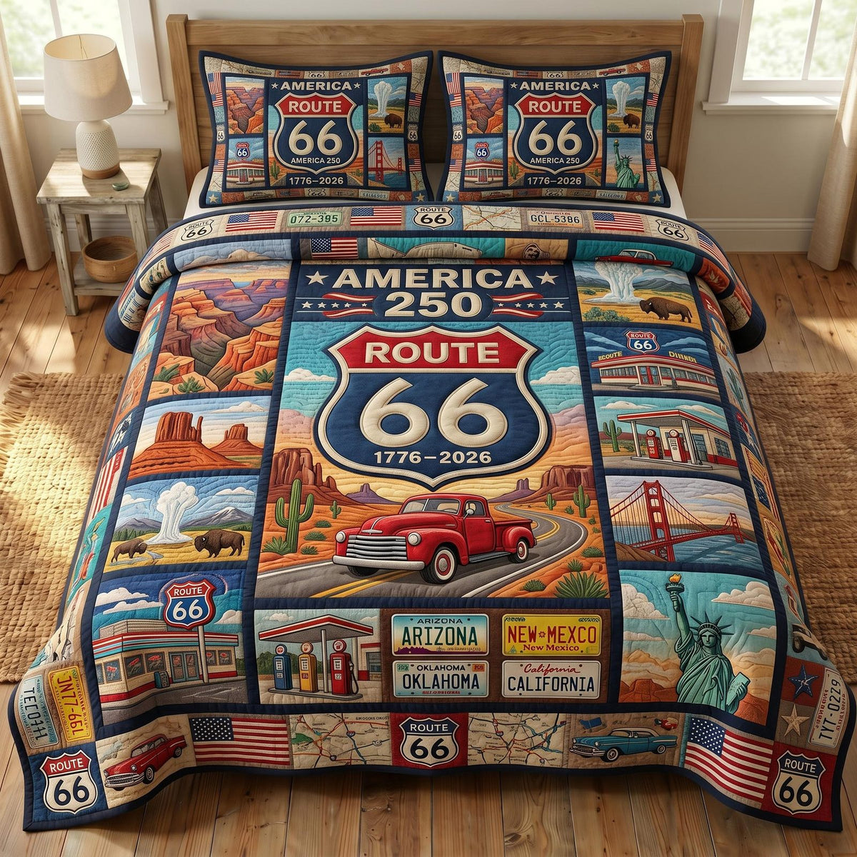Route 66 quilted 3-piece bedding set on a made bed with two matching pillow shams