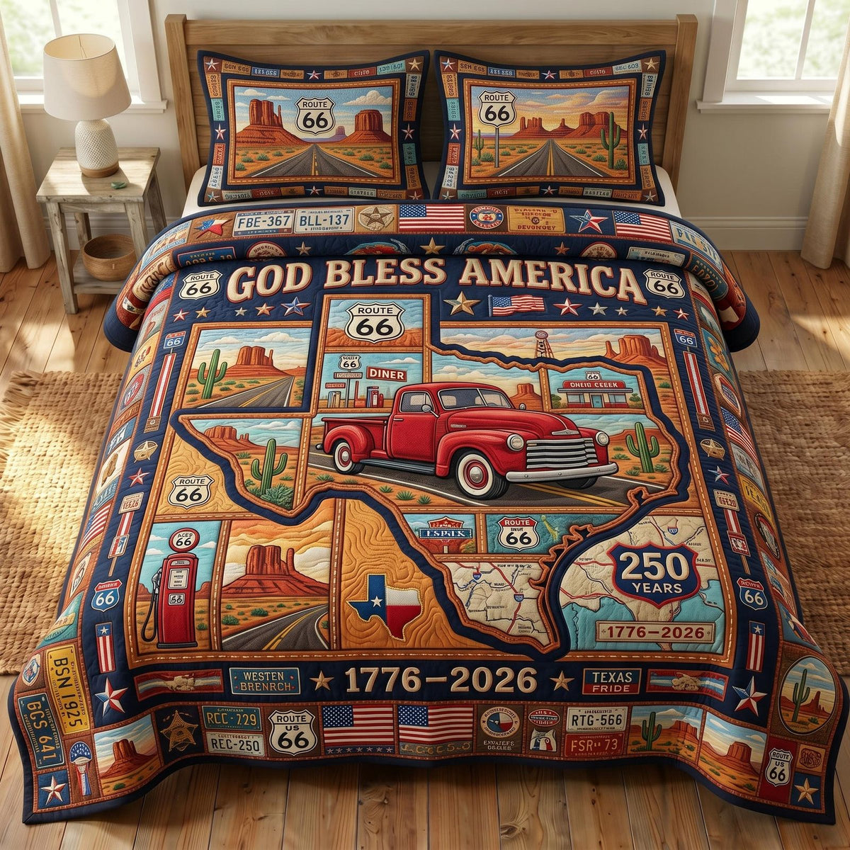 Route 66 quilted 3-piece bedding set on a made bed with two matching pillow shams