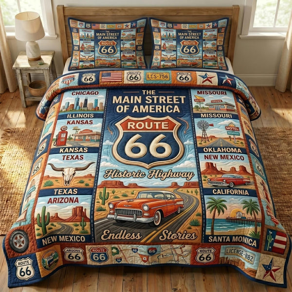 Route 66 quilted 3-piece bedding set on a made bed with two matching pillow shams