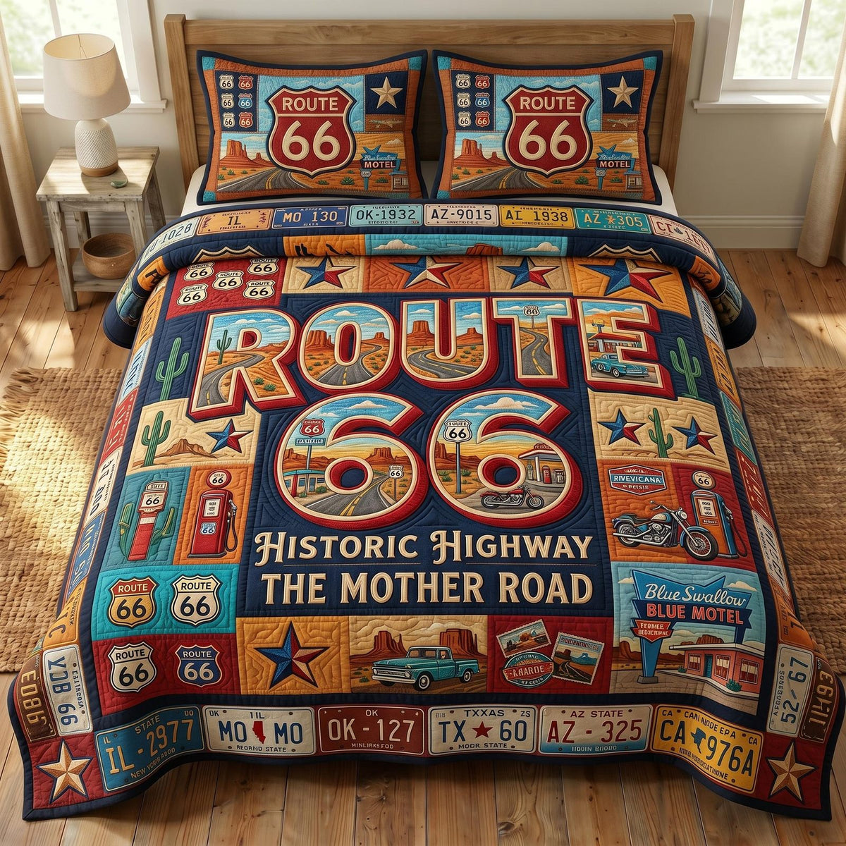 Route 66 quilted 3-piece bedding set on a made bed with two matching pillow shams