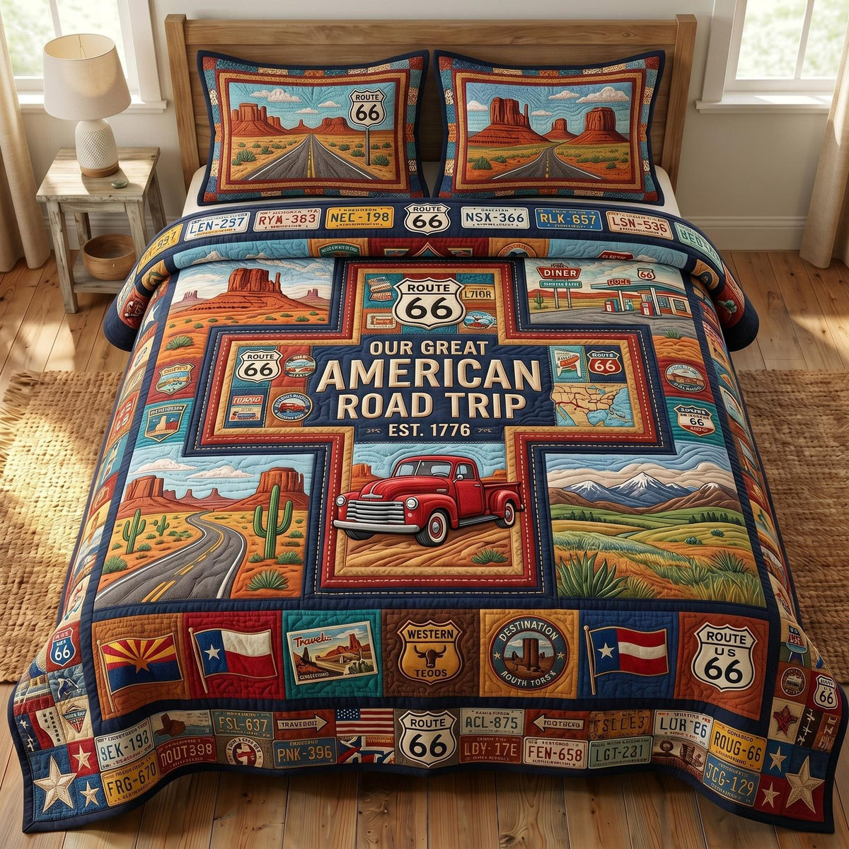 Route 66 quilted 3-piece bedding set on a made bed with two matching pillow shams